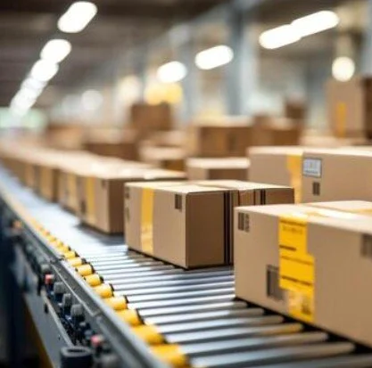 Cardboard boxes moving along a conveyor belt in a warehouse