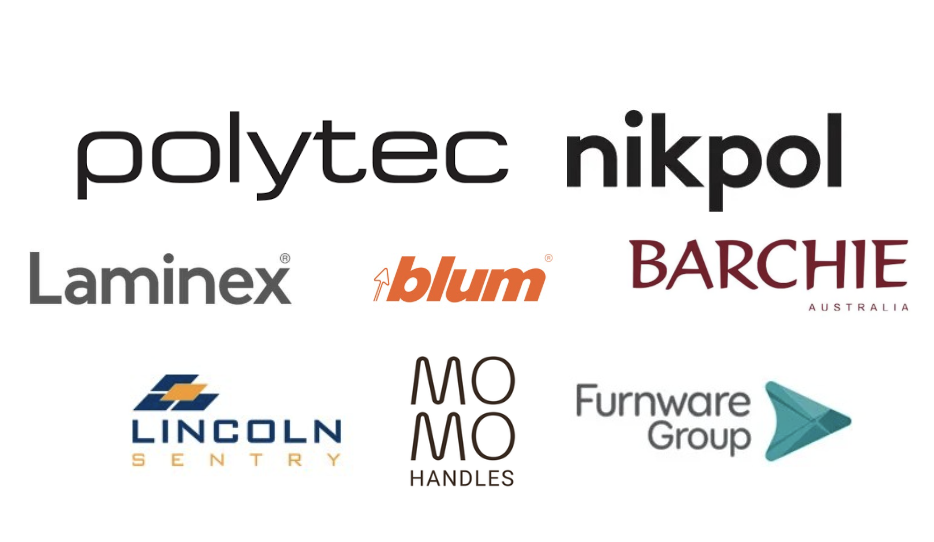 Logos of various companies including Polytec, Nikpol, Laminex, Blum, Barchie Australia, Lincoln Sentry, Momo Handles, and Furnware Group.