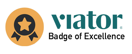 A logo with a gold star inside a black circular badge and the word 'viator' in colorful, stylized letters.