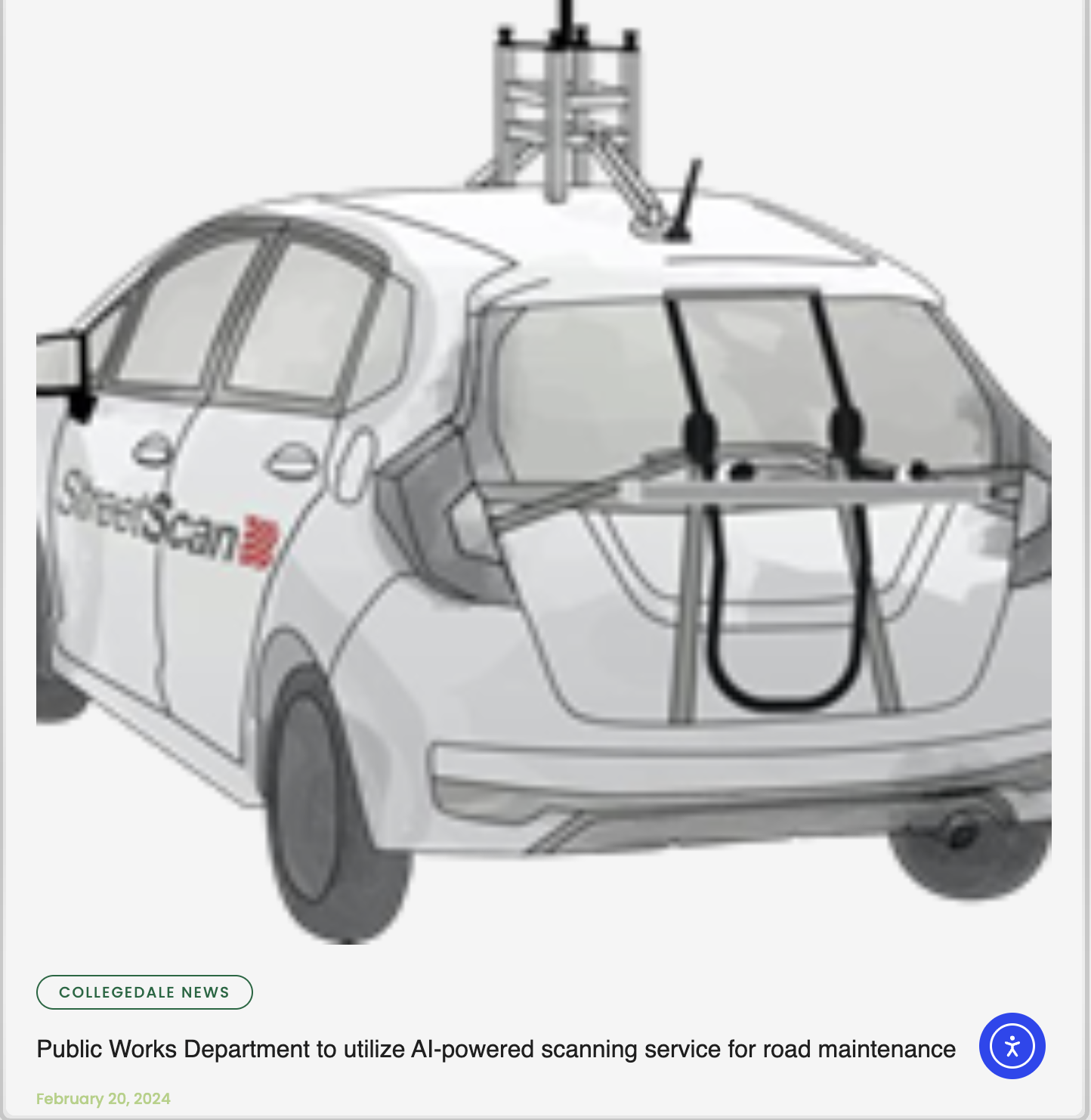 An AI-powered road scanning car used for road maintenance, with sensors on top and equipment at the rear, labeled 'SpeedScan'.