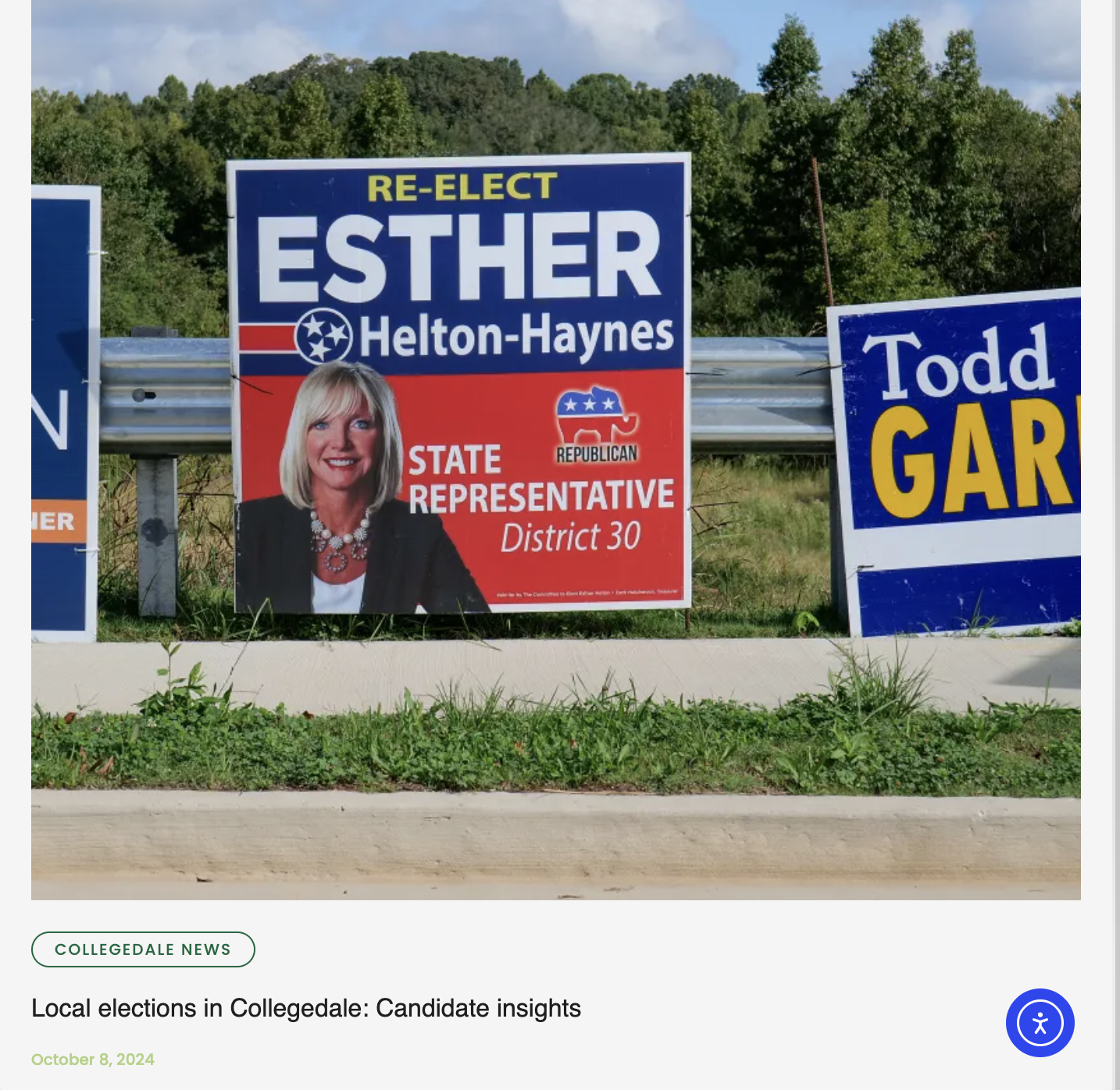 Political campaign signs on a roadside, with a main sign for Esther Helton-Haynes, a Republican state representative candidate, featuring her photograph, name, and district number, alongside neighboring signs for other candidates.