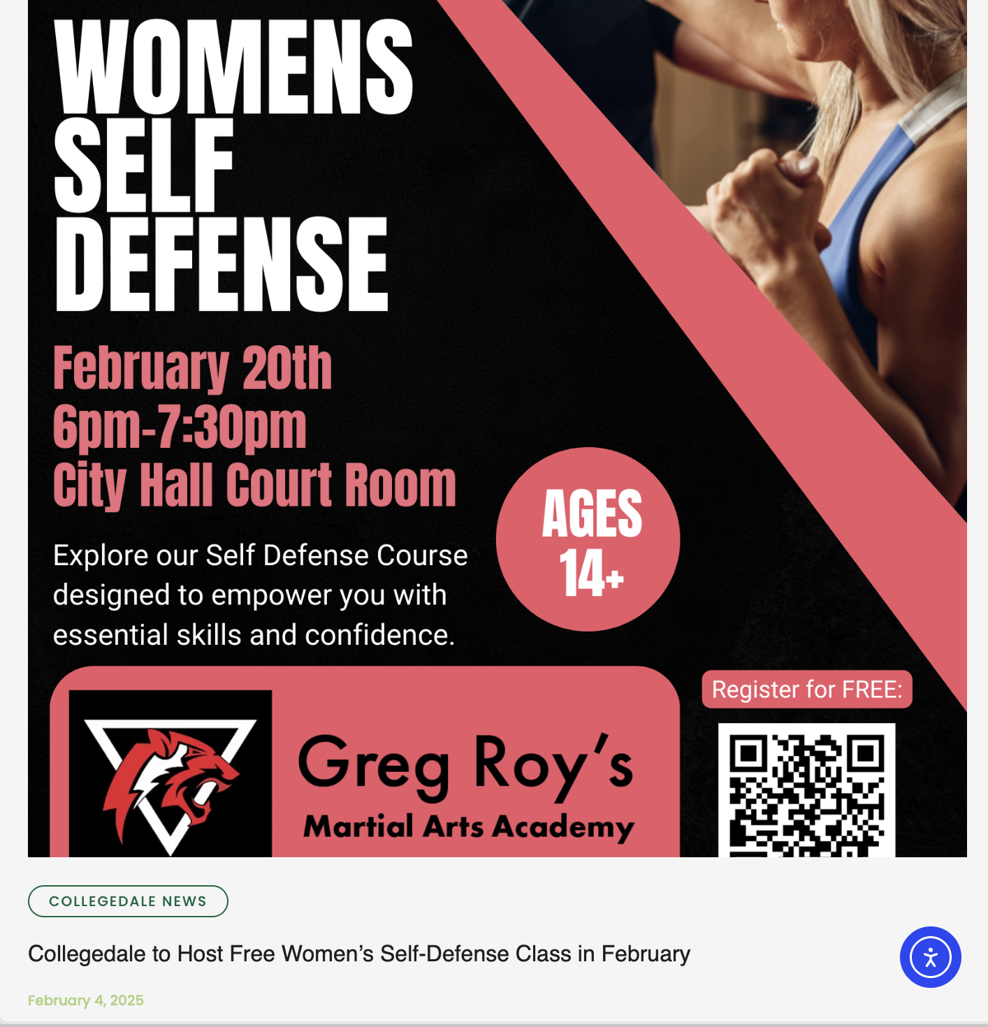 Flyer for a women's self-defense class hosted by Greg Roy's Martial Arts Academy. The class is scheduled for February 20th from 6pm to 7:30pm at the City Hall Court Room. The flyer features a photo of a woman with fists up, and indicates the class is