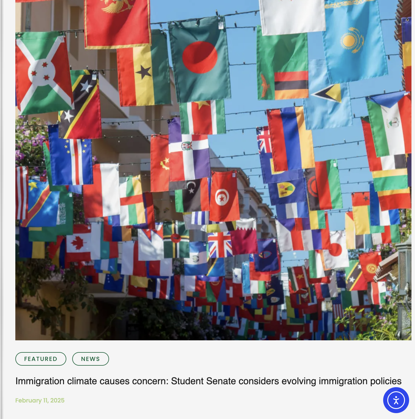 Strings of various national flags hanging on street wires during a sunny day.