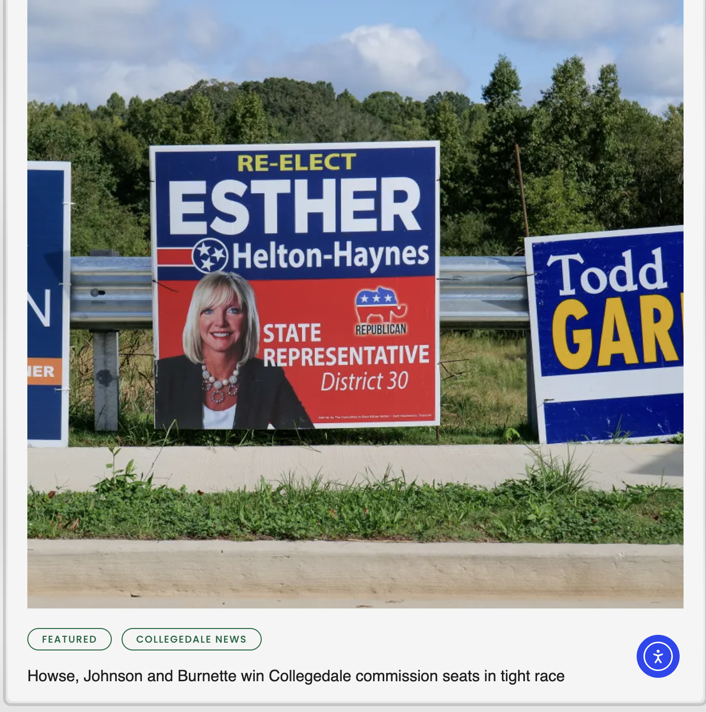 Political campaign signs for Esther Helton-Haynes, a Republican State Representative, District 30, displayed beside each other on a grassy area with trees in the background.