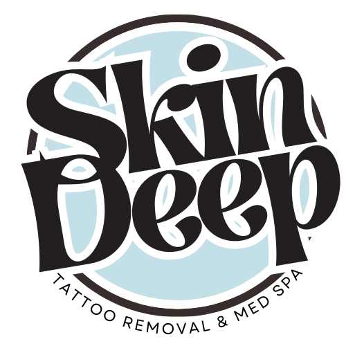 Logo with the words 'Skin Deep' in bold black and white lettering over a light blue circle background.