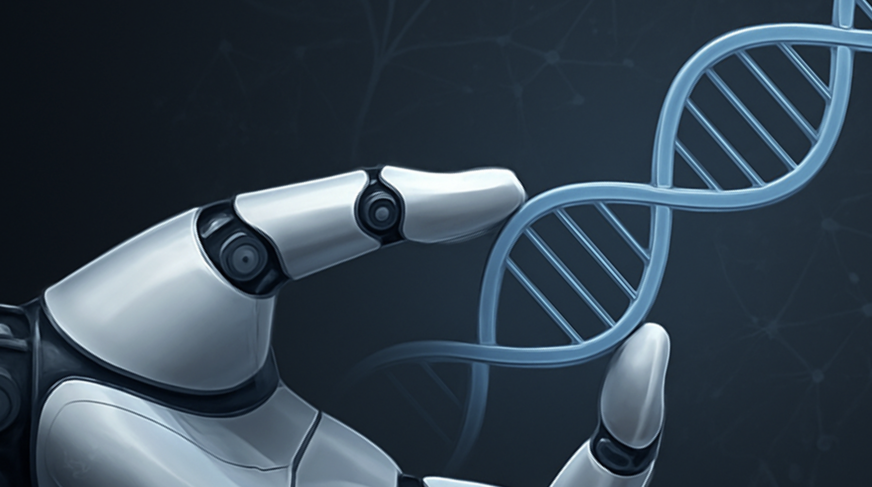 A robotic hand holding a DNA double helix model.