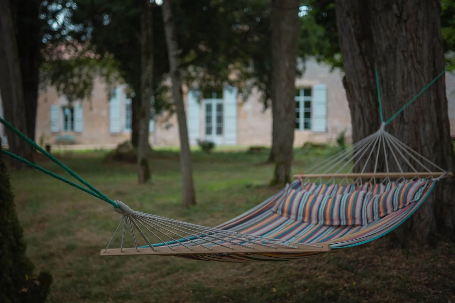 A striped hammock hanging between two trees in a backyard with grass and a stone house with white-framed windows in the background.