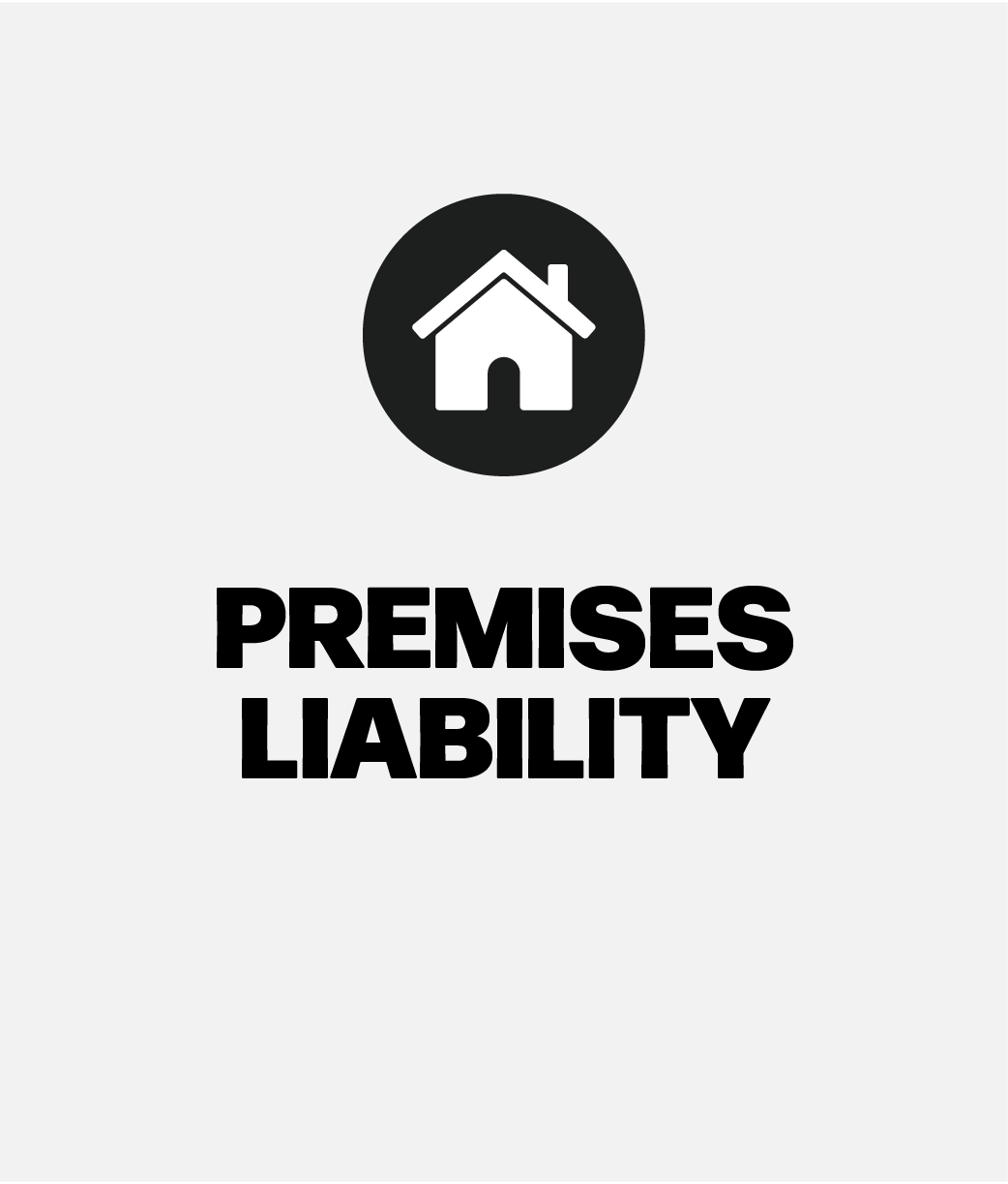 Icon of a house above the bold text 'Premises Liability' on a gray background for The J. Bock Firm website.