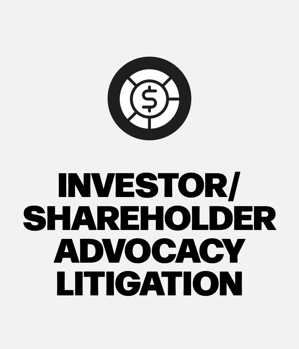Icon of a dollar symbol inside a circle with segments around it, above the text "Investor/Shareholder Advocacy Litigation" for The J. Bock Firm website.