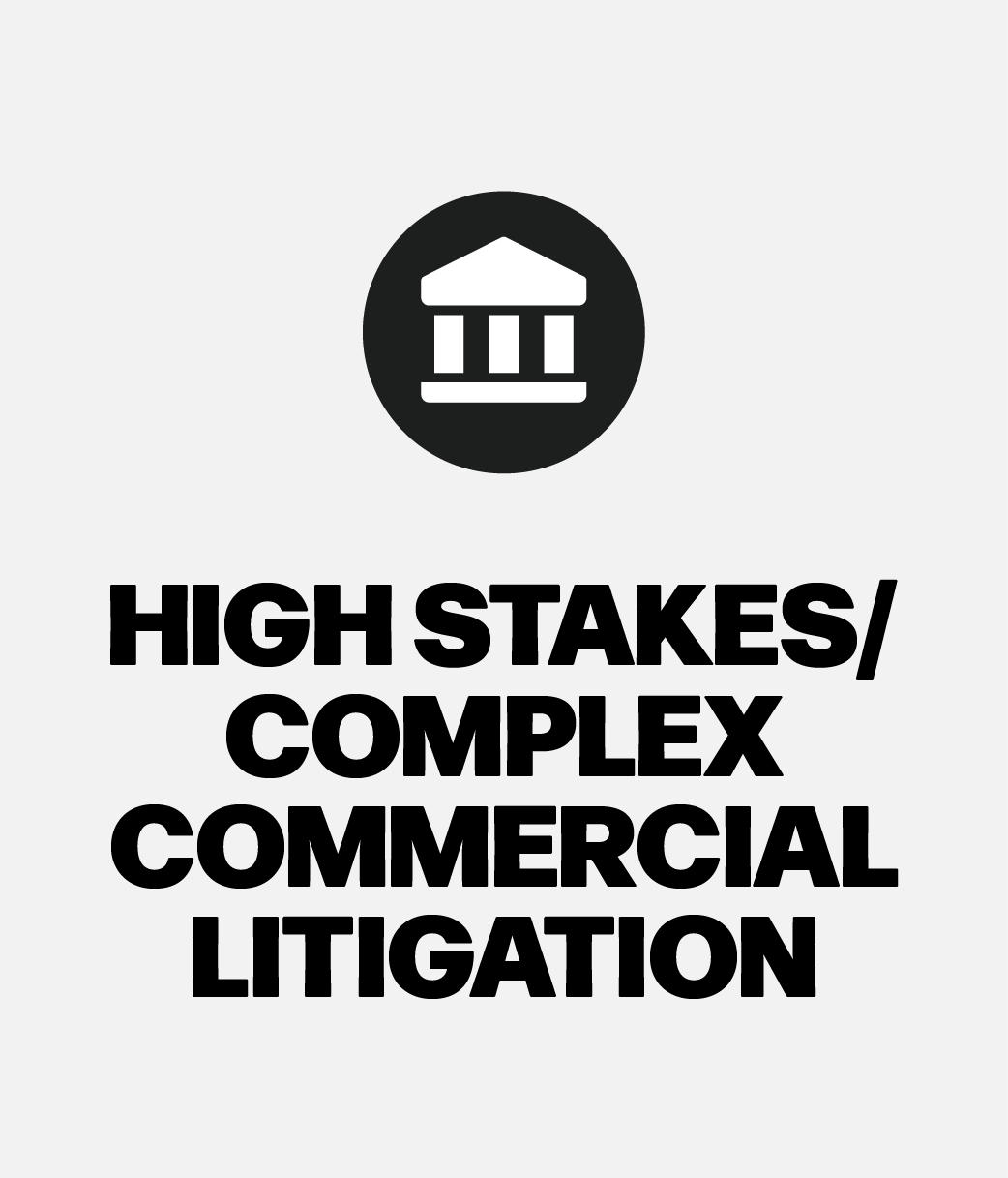 Icon indicating legal or governmental establishment, above the text "High Stakes/Complex Commercial Litigation" for The J. Bock Firm website.