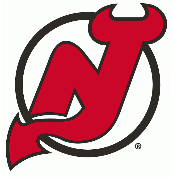 The New Jersey Devils logo featuring a stylized red letter 'N' with devil horns and tail, outlined in black, inside a black circle.