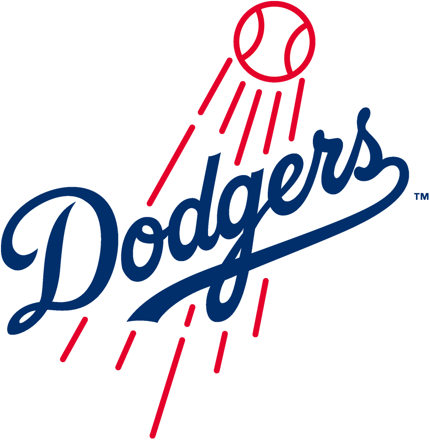 Dodge logo featuring a red baseball and streaks, with the word 'Dodgers' in blue cursive writing.