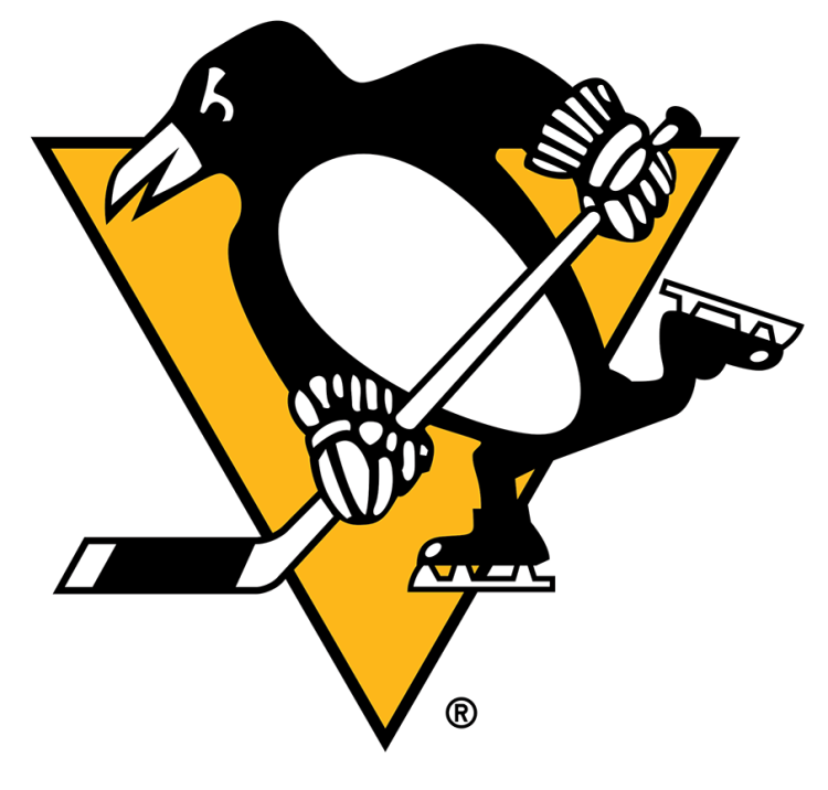 The Pittsburgh Penguins logo featuring a penguin holding a hockey stick and a gun, set against a yellow triangle background.
