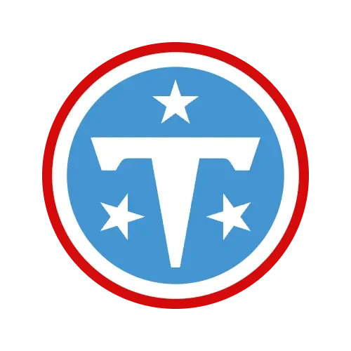 A circular logo with a blue background, white border, and red outline. It features a white stylized T with a star on top and two stars on either side.