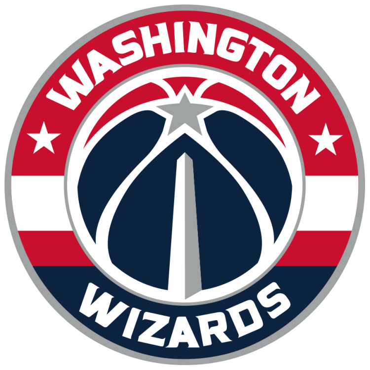 Logo of the Washington Wizards, an NBA basketball team, featuring a stylized basketball with a star and a washington monument silhouette, surrounded by red, white, and blue colors.