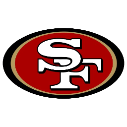 San Francisco 49ers logo with a red oval background and white lettering outlined in black