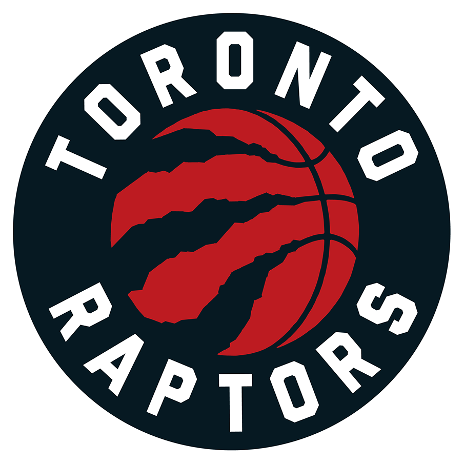 Toronto Raptors logo featuring a stylized red basketball with claw marks and the team name in white letters around it.