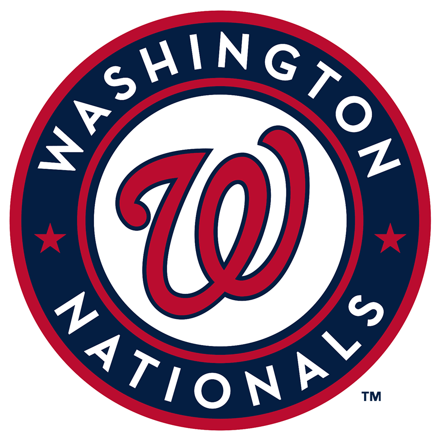 Washington Nationals logo featuring a red 'W' inside a white circle with a navy blue and red border, with the text 'Washington Nationals' around the circle.