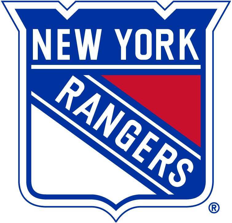 Official emblem of the New York Rangers hockey team featuring a shield shape, with 'NEW YORK' at the top, a red triangle in the middle, and 'RANGERS' diagonally across the shield.