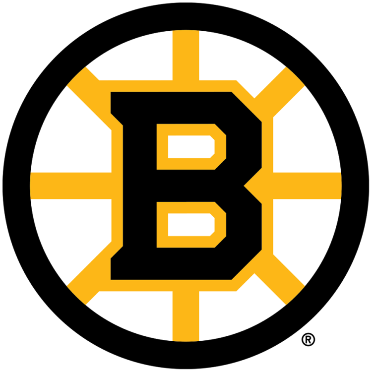 Logo of the Boston Bruins hockey team featuring a black letter B with yellow outline on a white circle background with yellow rays.