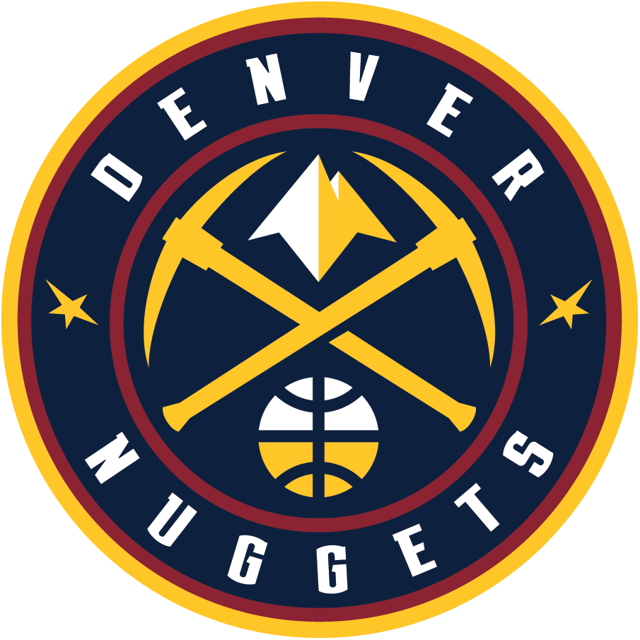 A circular logo featuring a mountain, crossed pickaxes, a basketball, and an arrow. The words 'DENVER NUGGETS' are written around the circle.