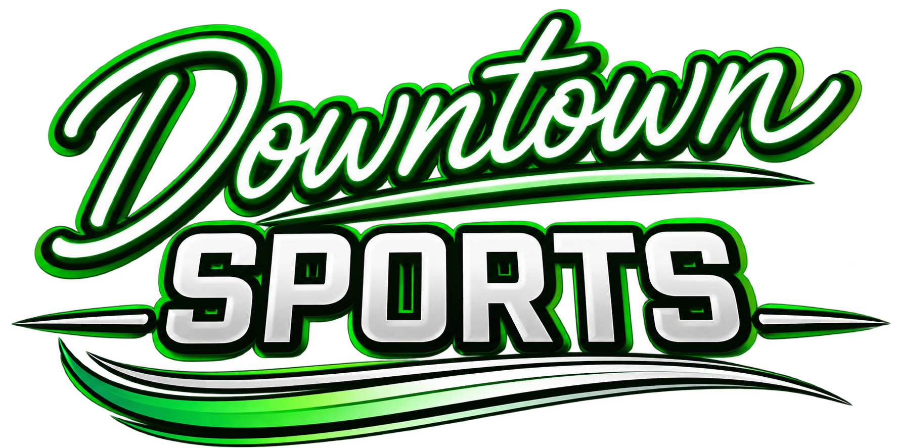 Neon sign reading 'Downtown Sports' in white and green with stylized accents.