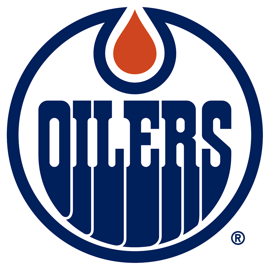 Edmonton Oilers logo featuring a blue circle with an orange oil drop at the top above the word 'OILERS' in stylized blue lettering.