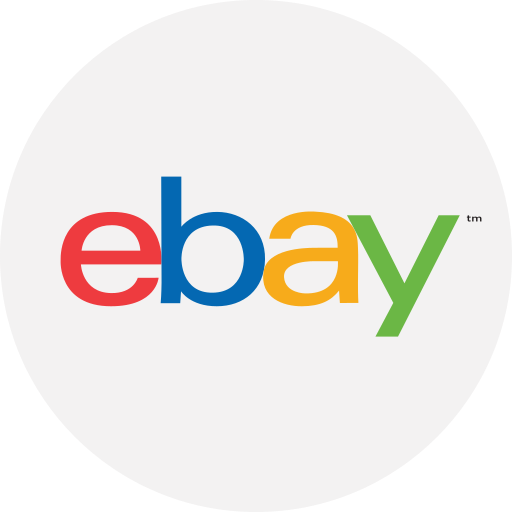 eBay logo with lowercase letters in red, blue, yellow, and green on a light gray background.