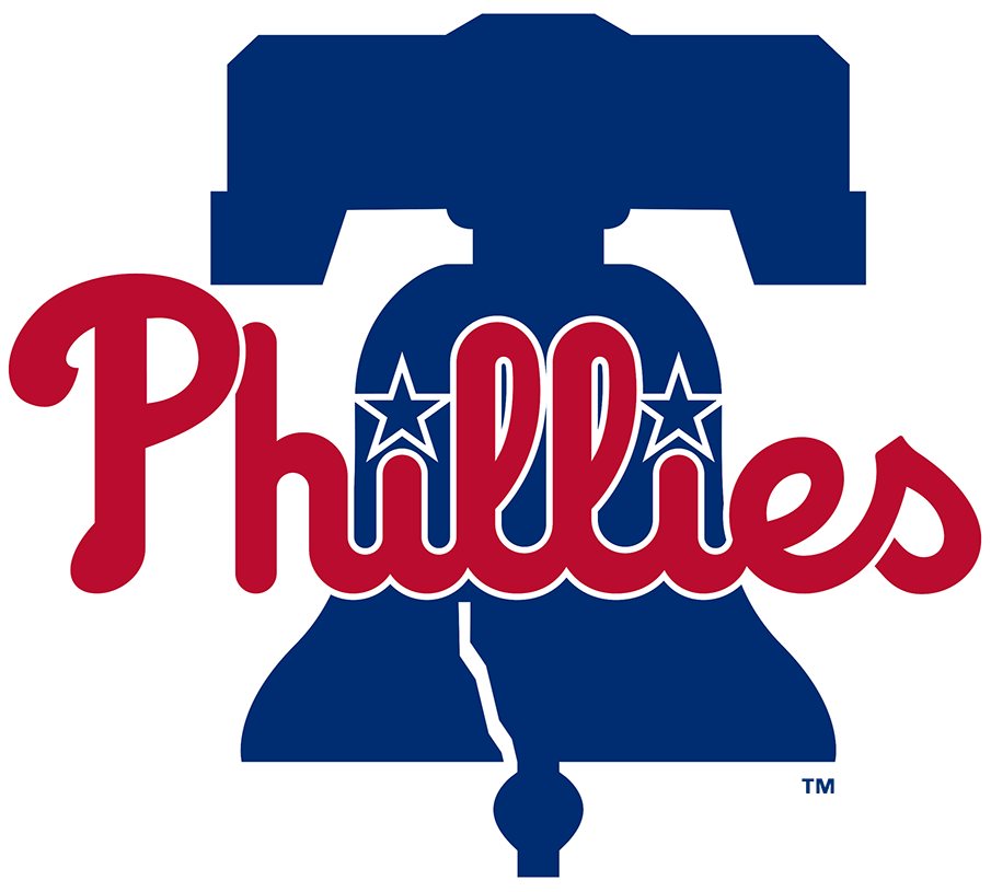 Logo of the Philadelphia Phillies, a Major League Baseball team, featuring a blue apple-shaped outline of the Liberty Bell with the word 'Phillies' in red cursive font across the bell.