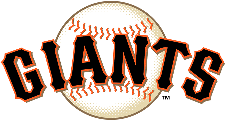 Logo with the word 'GIANTS' superimposed over a baseball with orange and black colors.