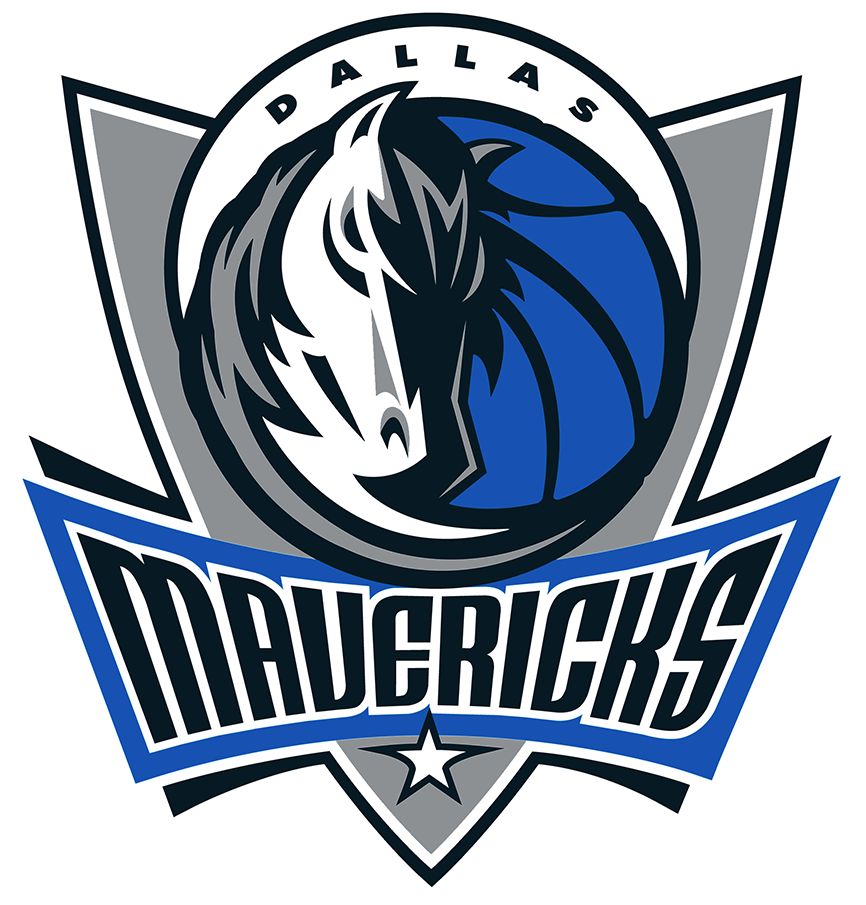 Dallas Mavericks basketball team logo featuring a stylized horse head in front of a basketball with team name and star.