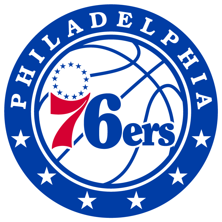 Logo of the Philadelphia 76ers featuring the team name, a basketball design, and a graphic of a red number 7 with thirteen stars.