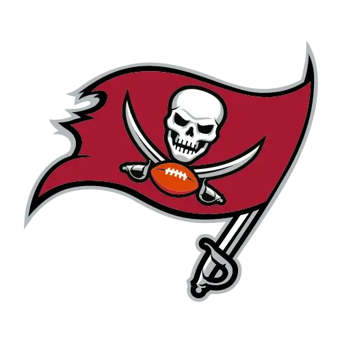 Tampa Bay Buccaneers logo featuring a skull and crossed sabers on a red flag with a football in the middle.
