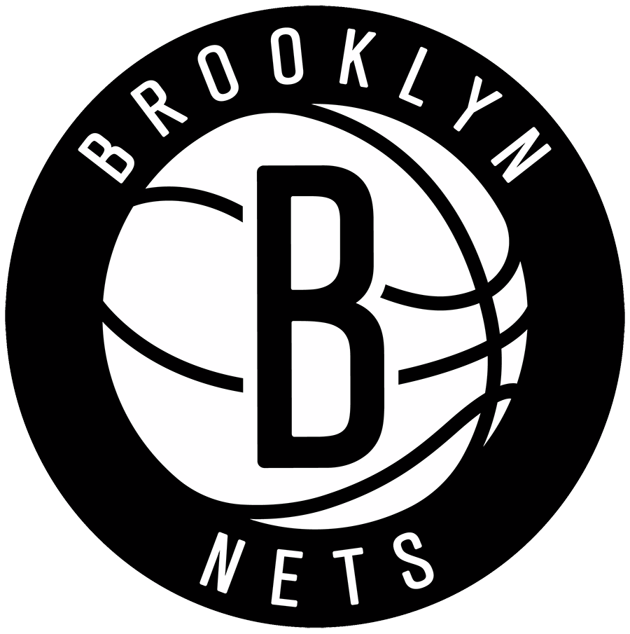 Black and white logo of the Brooklyn Nets featuring a basketball with a large letter 'B' in the center, encircled by the words 'Brooklyn Nets'.