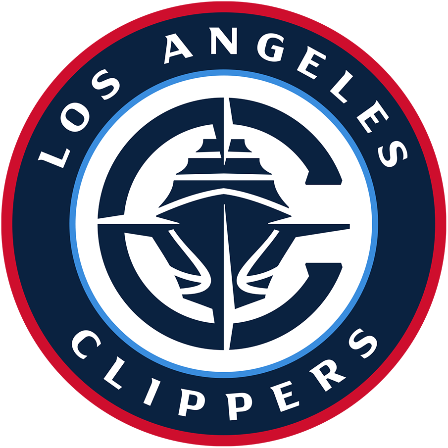 Logo of the Los Angeles Clippers NBA team, featuring a stylized lion's face with a basketball helmet, surrounded by a blue and red circle with the words 'Los Angeles Clippers'.