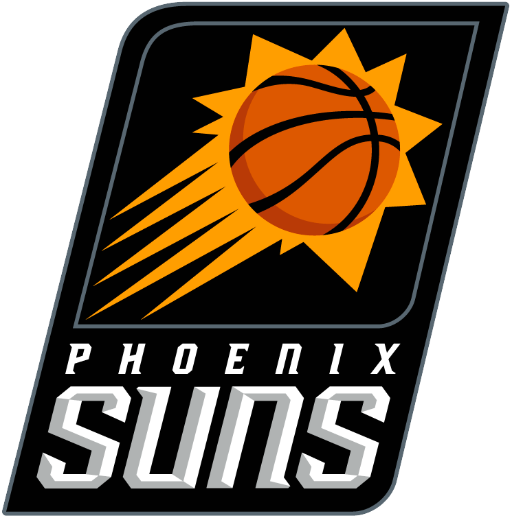 Logo of the Phoenix Suns basketball team featuring a stylized sun and a basketball in front of a fiery sunburst with the team name below.