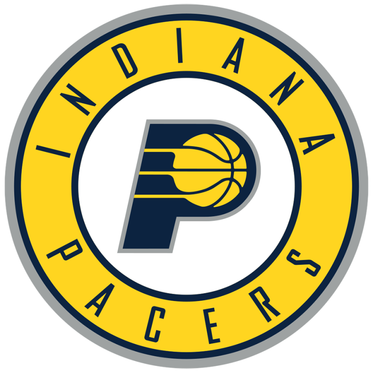Logo of the Indiana Pacers featuring a blue and yellow basketball-themed letter P within a yellow circle with the team name.