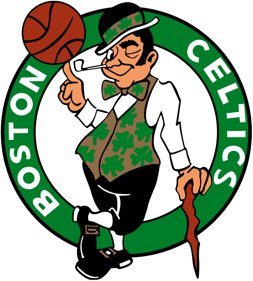  cartoon of a man in a leprechaun costume holding a walking stick and balancing a basketball on his finger, with Boston Celtics logo surrounding him