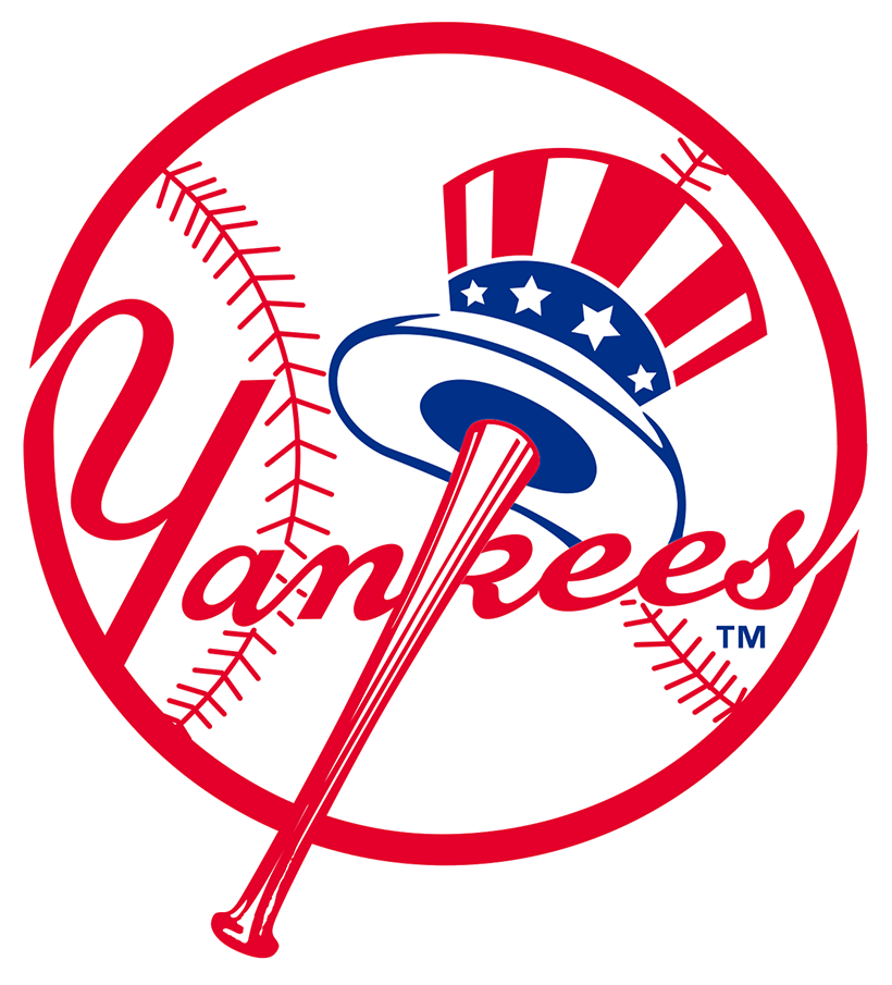 Logo of the New York Yankees featuring a baseball, a bat, and a stylized Uncle Sam hat with red and white stripes and blue stars.