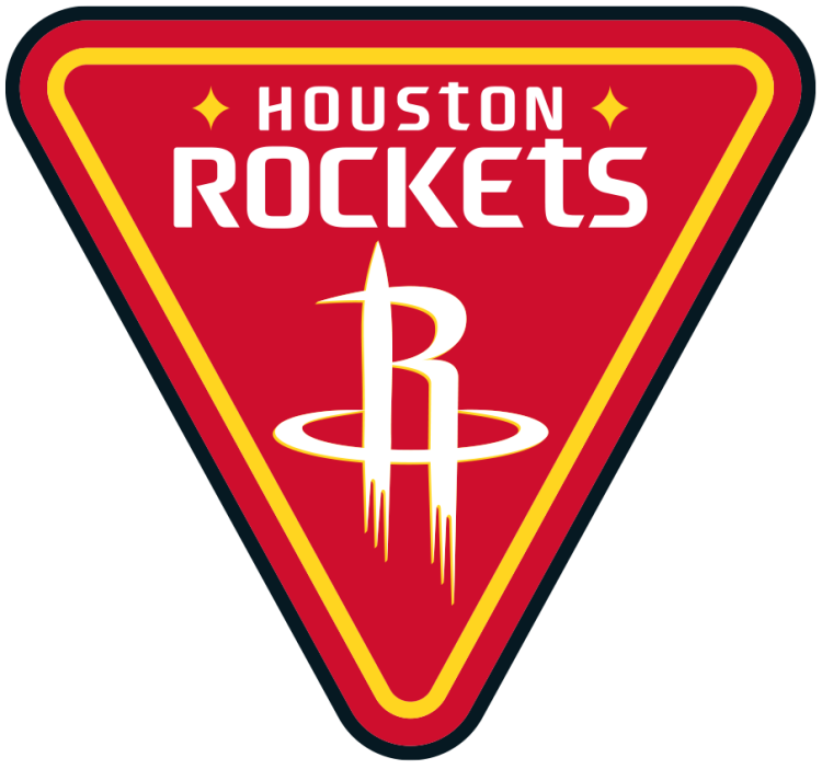 Houston Rockets logo featuring a red triangular shield, the team name at the top, and a stylized rocket with the letter R and orbit around it.