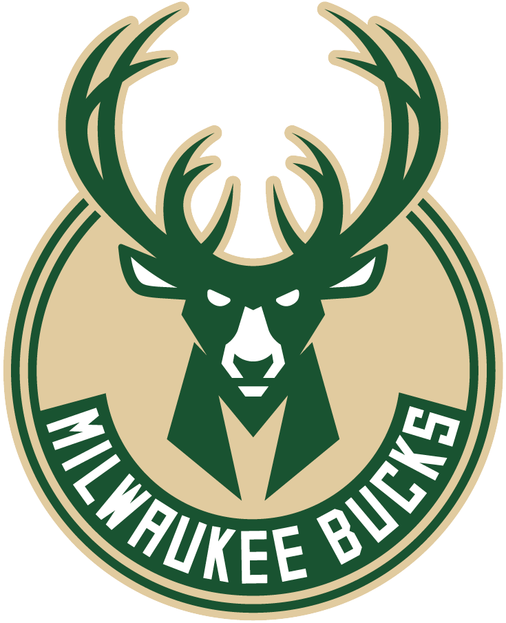 Milwaukee Bucks logo featuring a stylized buck's head with large antlers in green, black, and beige colors.