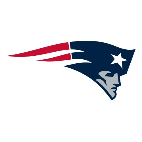 New England Patriots logo with a stylized Patriot figure wearing a star on his hat, facing right with a red, white, and blue color scheme.