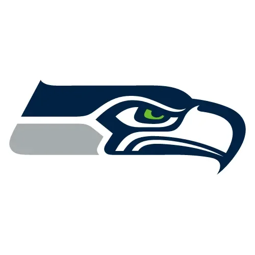 Seattle Seahawks logo featuring a stylized hawk's head in navy blue, green, gray, and white.