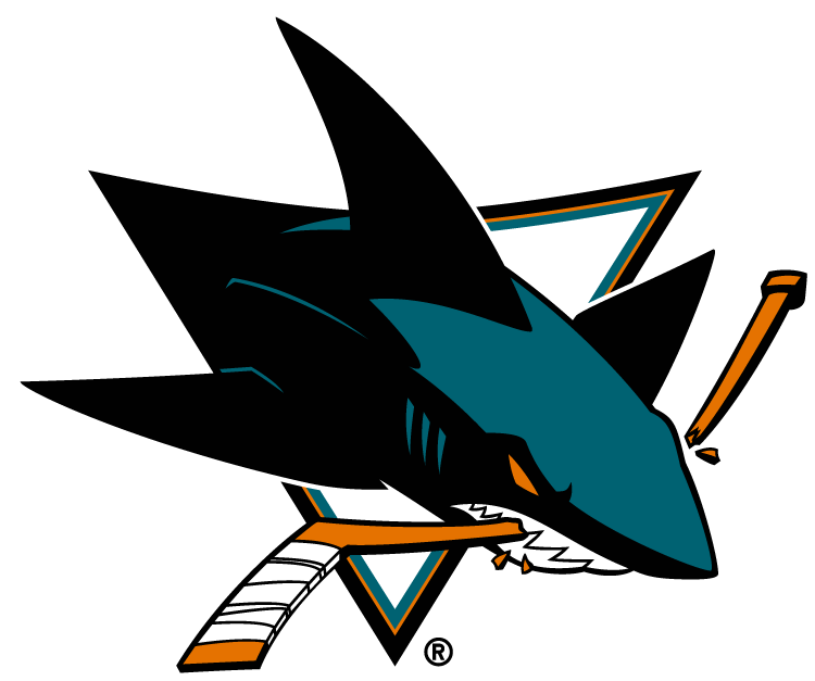 An illustration of a stylized shark with tattoo-style elements, a triangle background, and hockey sticks.