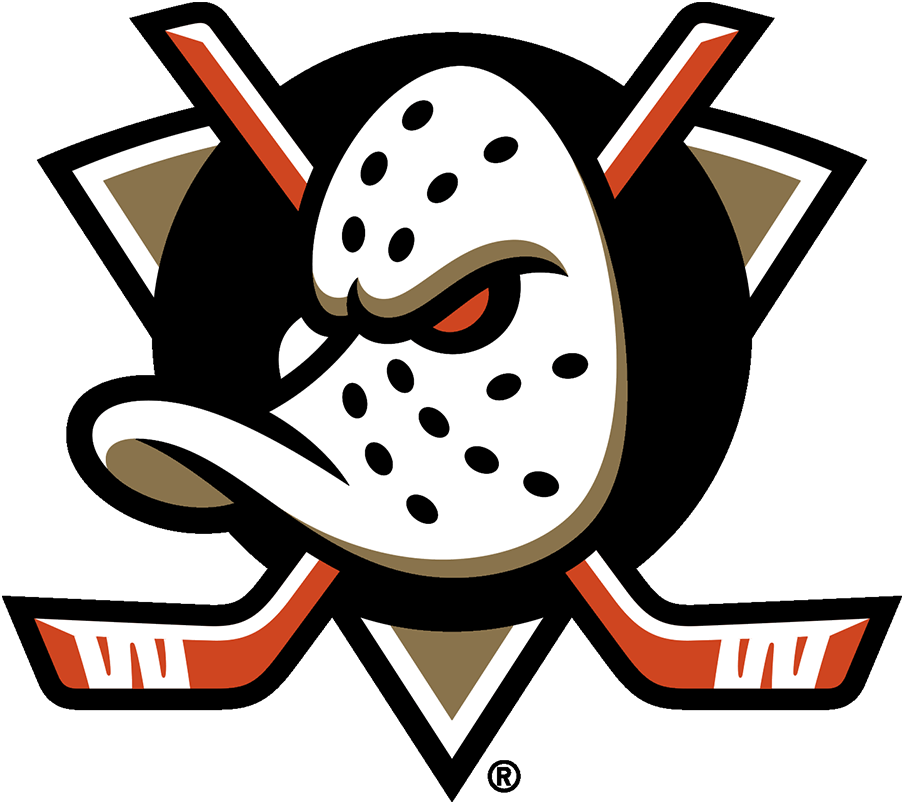 A cartoon-style mascot featuring a hockey mask with black spots, crossed hockey sticks behind it, and rugged shoes on a black background.