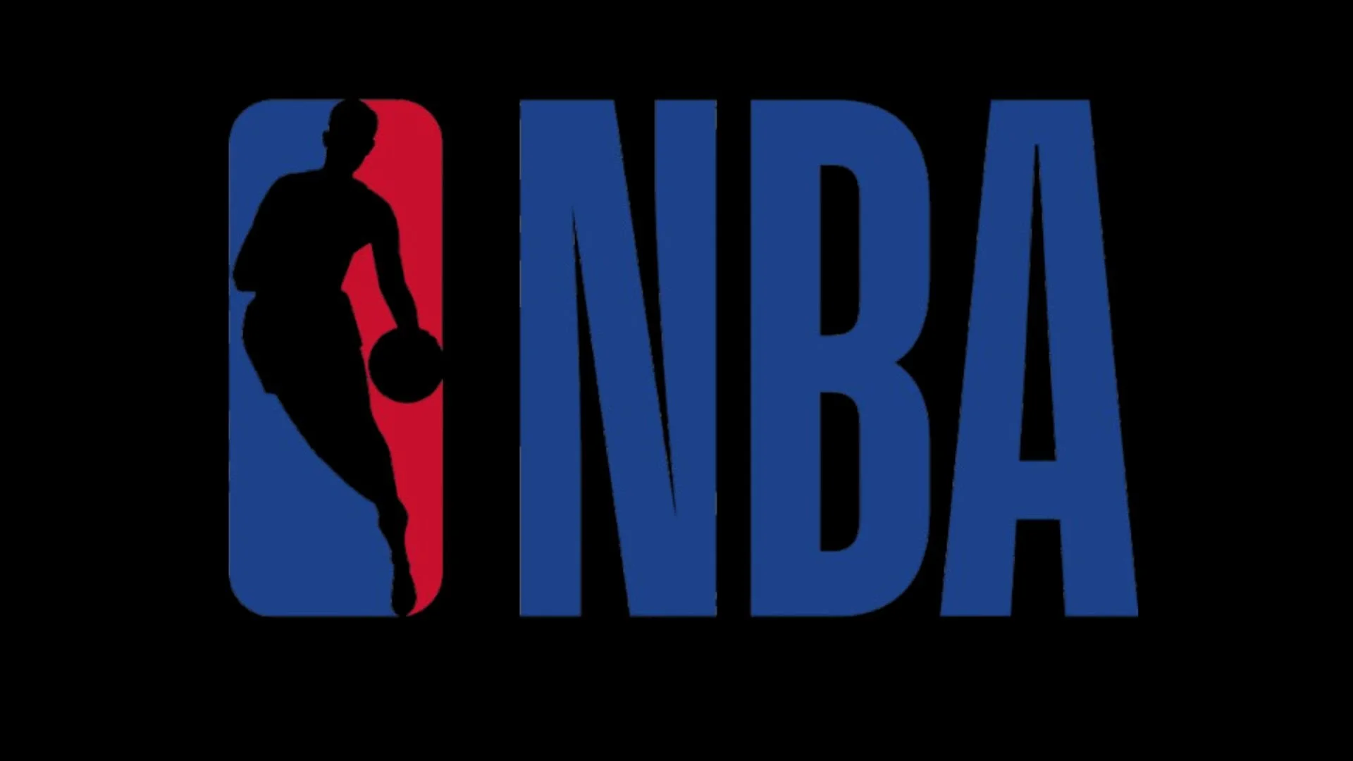 NBA logo featuring a silhouette of a basketball player dribbling, with the text 'NBA' in large blue letters