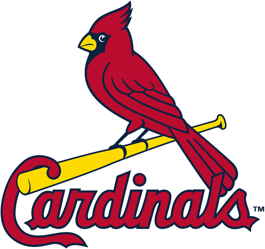 Logo of the St. Louis Cardinals featuring a red cardinal bird perched on a yellow baseball bat, with the word "Cardinals" written in red script.