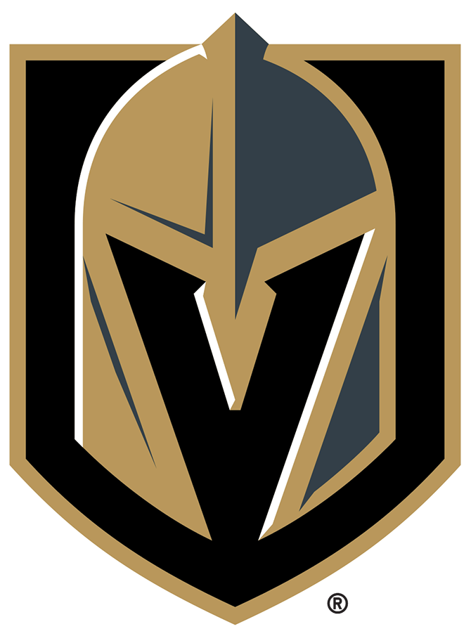 Logo of Vegas Golden Knights hockey team featuring a stylized knight's helmet with gold, black, and gray colors.
