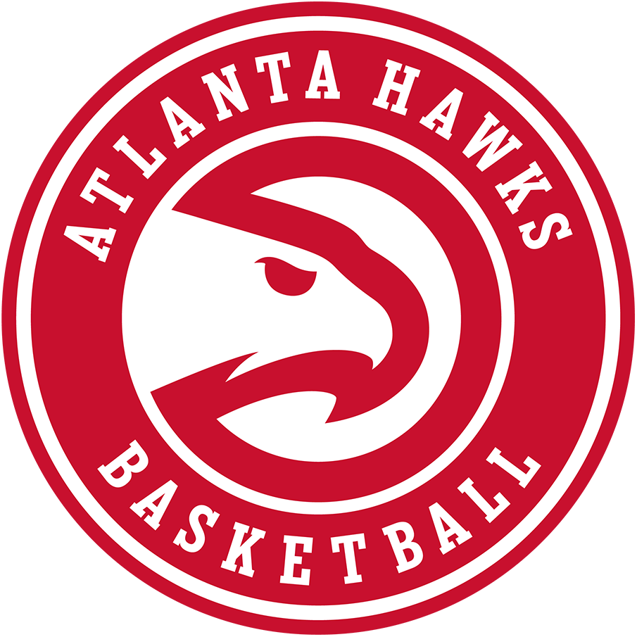 Atlanta Hawks basketball team logo featuring a stylized hawk's head in white inside a red circle with the team name "Atlanta Hawks Basketball" surrounding it.