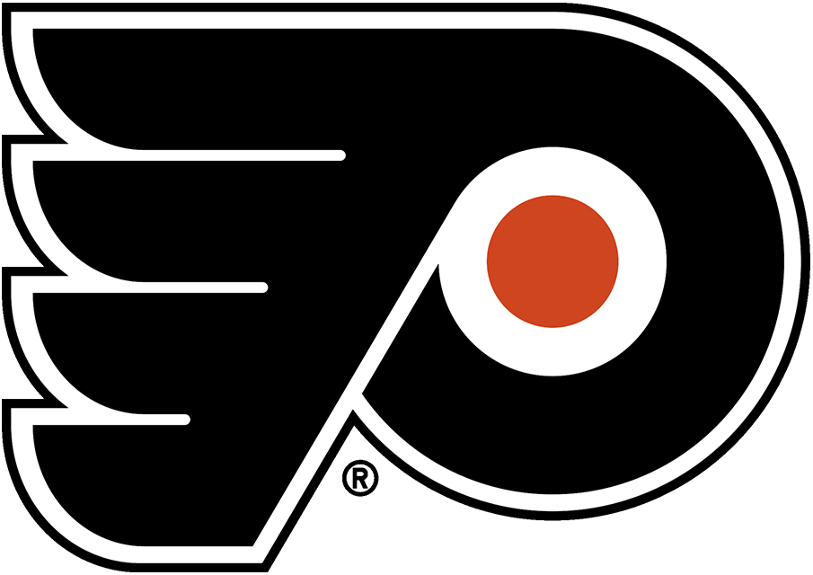 Philadelphia Flyers logo featuring a black 'P' with white outline and an orange circle, with ice hockey stick incorporated.